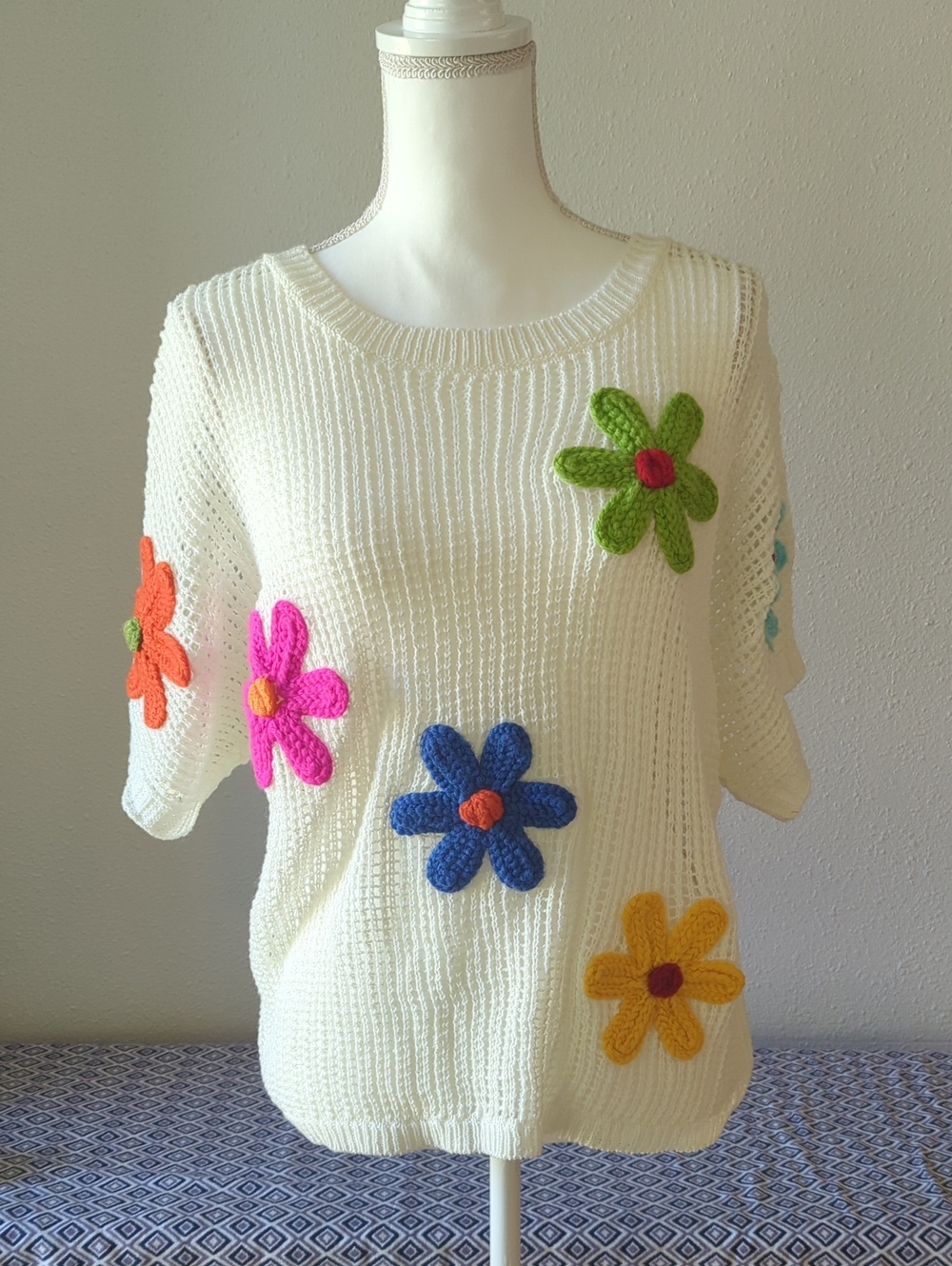 Cream Knit Sweater with Colorful Crocheted Flowers Unbranded Swim Cover S/M